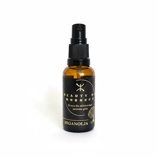 Ekologisk arganolja 30 ml med pump från Beauty of Morocco i mörk glasflaska.