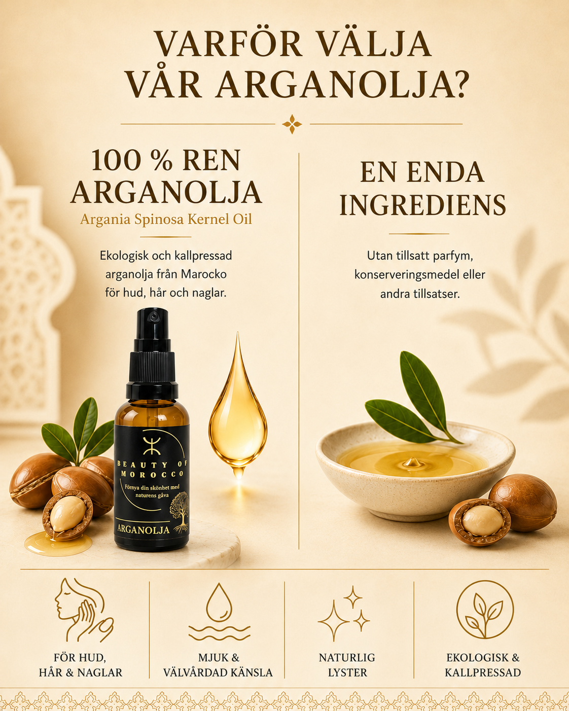 Informationsbild om Beauty of Moroccos 100 % rena, ekologiska och kallpressade arganolja för hud, hår och naglar.
