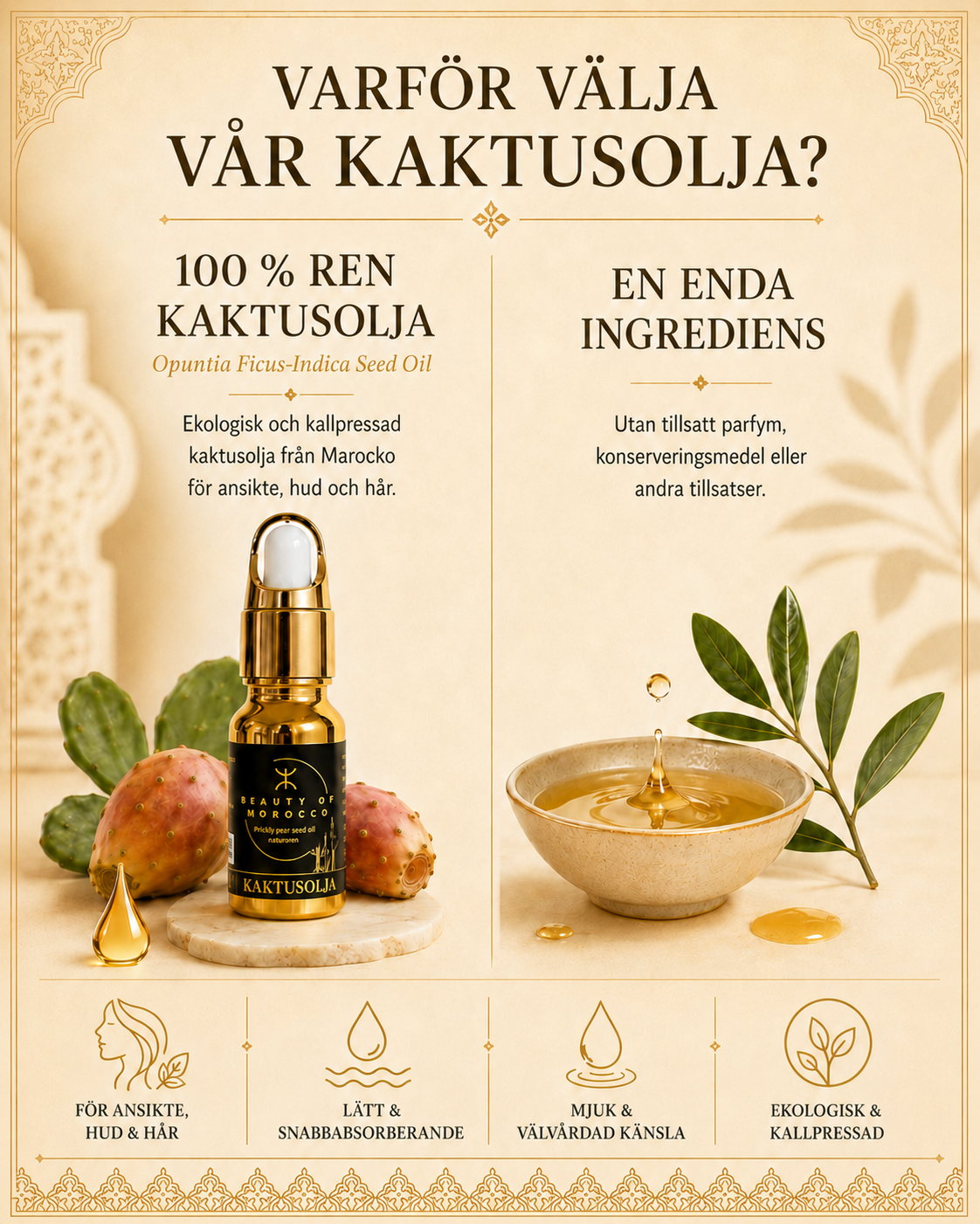 Informationsbild om Beauty of Moroccos 100 % rena, ekologiska och kallpressade kaktusolja med pipett för ansikte, hud och hår.
