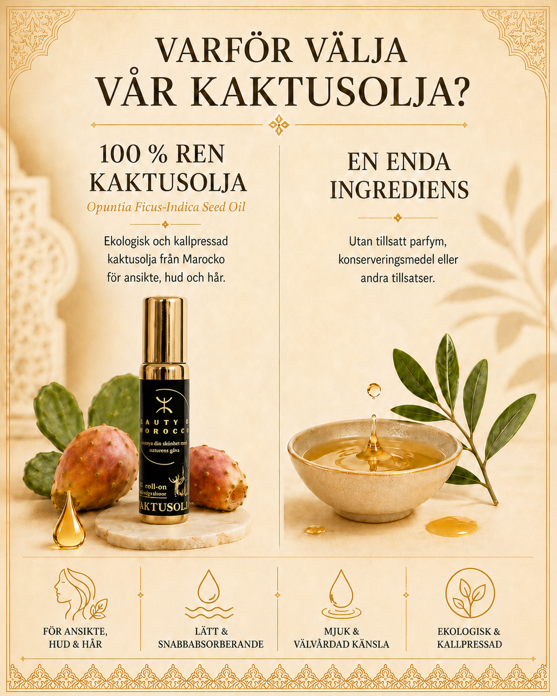 Informationsbild om Beauty of Moroccos 100 % rena, ekologiska och kallpressade kaktusolja i 10 ml roll-on för ansikte, hud och hår.